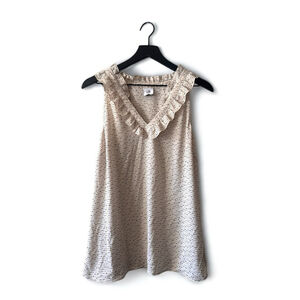 Cabi Ruffle V-Neck Sleeveless Blouse Beige Black Dot Print Size M